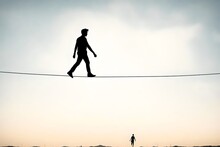 Silhouette Of A Person Walking A Tightrope With White Background
