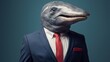 a man in a suit and tie with a shark mask on his head and a shark in a suit with a red tie.  generative ai