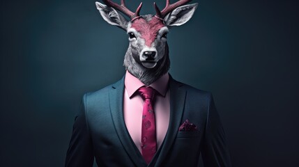 Canvas Print -  a man in a suit with a deer's head on his head wearing a pink tie and pink shirt.  generative ai