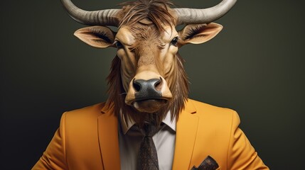 Canvas Print -  a bull wearing a suit and tie standing in front of a dark background with his head tilted to the side.  generative ai