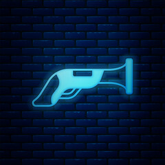 Poster - Glowing neon Vintage pistol icon isolated on brick wall background. Ancient weapon. Vector