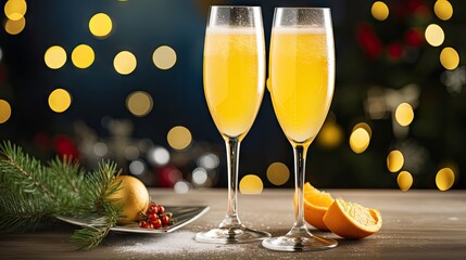 Wall Mural -  two glasses of champagne sitting on top of a table next to a plate of orange slices and a christmas tree.  generative ai