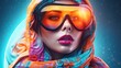  a digital painting of a woman wearing ski goggles and a scarf with a hood and goggles over her face.  generative ai