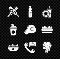 Poster - Set Ice cream, Bottle of water, Paper glass with drinking straw and donut, Nachos plate, Food ordering, Sandwich, Popcorn cardboard box and Scrambled eggs icon. Vector