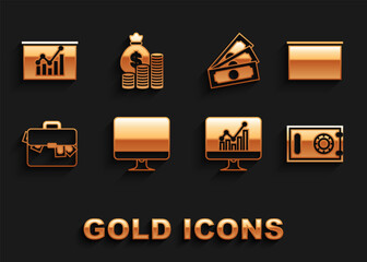 Poster - Set Computer monitor screen, Chalkboard, Safe, with graph chart, Briefcase and money, Stacks paper cash, Board and Money bag coin icon. Vector