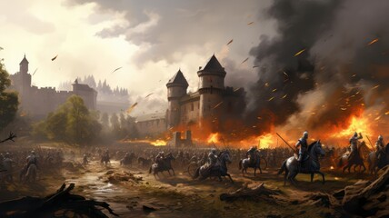 Wall Mural - Historic medieval battle with soldiers and horses created with Generative AI