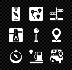 Wall Mural - Set Compass on mobile, Route location, Road traffic sign, Location and gas station, City map navigation, Gps device with and Push pin icon. Vector