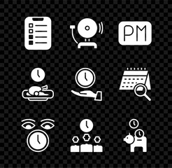 Wall Mural - Set To do list or planning, Ringing alarm bell, Day time, Clock, Time Management, Piggy bank with coin, Food and icon. Vector