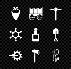 Poster - Set Cowboy bandana, Wild west covered wagon, Pickaxe, Spur, Tomahawk, Dream catcher with feathers, Hexagram sheriff and Tequila bottle icon. Vector