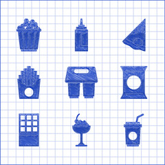 Poster - Set Coffee cup to go, Ice cream in bowl, Paper glass with straw, Bag or packet potato chips, Chocolate bar, Potatoes french fries box, Slice pizza and Popcorn icon. Vector