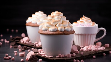 Poster -  three cups of hot chocolate with marshmallows and marshmallows scattered around them on a black surface.  generative ai