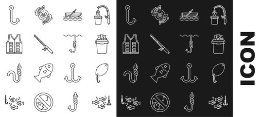 Sticker - Set line Fishing hook under water with fish, spoon, bucket fishes, boat oars, rod, jacket, and icon. Vector