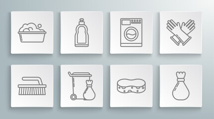 Canvas Print - Set line Brush for cleaning, Plastic bottles liquid dishwashing liquid, Trash can, Sponge, Garbage bag, Washer, Rubber gloves and basin with soap suds icon. Vector