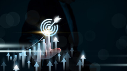 Poster - global business growth analysis and asset investment chart Business and Finance Up arrow Holographic economic chart, target and success. global economic trend analysis, financial graph analysis.
