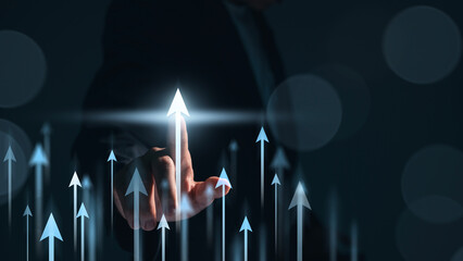 Poster - Hand pointing growth arrow success business target background of up icon direction development graph or investment finance profit stock market chart symbol and goal achievement on economy marketing