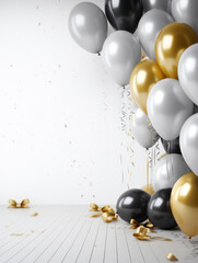 AI generation. White, black, gold and silver balloons and confetti on white