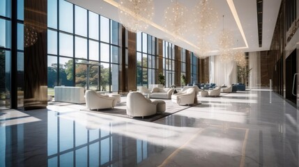 Modern luxury hotel or business office lobby glass chandeliers white couches full window wall marble floor 