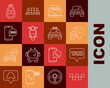 © Oksana - Set line Taxi car roof, Map pointer with taxi, Laptop call service, Scooter, telephone, Car key remote and icon. Vector