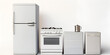 A silver fridge an oven and dryer lined up side by side on white background ,3d set of home appliances on white background with generative ai

