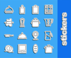 Sticker - Set line Cooking pot, Jug glass with water, Measuring cup, Cutting board, Blender, Rolling pin on dough, Covered tray of food and icon. Vector