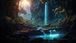 © Postproduction - Fantasy forest backdrop with sunlit waterfalls, vibrant greenery in serene natural setting.