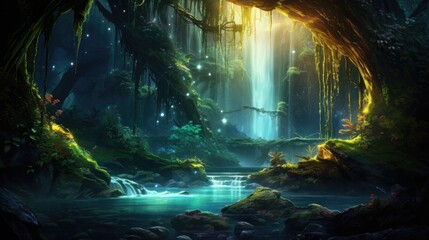 Wall Mural - Enchanted forest scenery with sunbeams filtering through dense trees over serene waterfall.