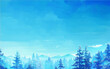 Watercolor blue color of pine forest, mountains and sky background