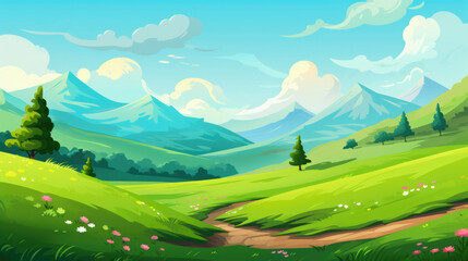 Wall Mural - Peaceful hills with green grass landscape illustration in cartoon style. Scenery background
