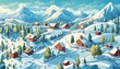 winter landscape with trees and mountains, Idyll country life. hills, blue sky, vector illustration	