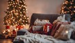© holdstillandclick - christmas decorated living room, decorated christmas tree, cozy blankets and pillow, warm colors