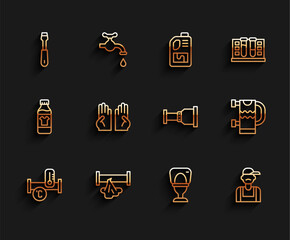 Sticker - Set line Industry metallic pipe, Broken, Screwdriver, Toilet bowl, Plumber, Rubber gloves, Heated towel rail and Pipe adapter icon. Vector