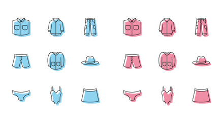 Sticker - Set line Men underpants, Swimsuit, Shirt, Skirt, Sweater, Man hat, Short or and Hoodie icon. Vector