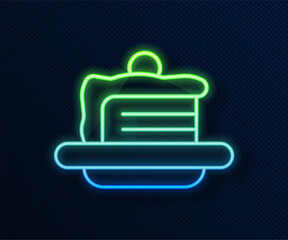 Canvas Print - Glowing neon line Cake icon isolated on blue background. Happy Birthday. Vector