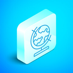 Wall Mural - Isometric line Earth globe icon isolated on blue background. Silver square button. Vector