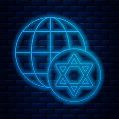 Sticker - Glowing neon line World Globe and Israel icon isolated on brick wall background. Vector