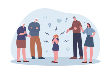 Wall Mural - Girl conflict with family. Child disobedience, parents and grandparents scold kid. Abusing relationships, childish bad behavior kicky vector concept