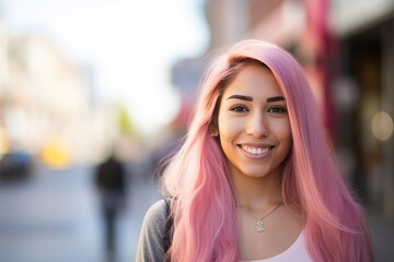 Wall Mural - Young woman with pink dyed hair smile happy face portrait on city street