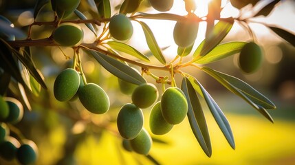 Olive tree brunch with ripe olives and leaves outside on sunny day in an orchard 