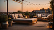 The benefits of having a rooftop patio with a lounging area and hanging chair are made more comfortable and inviting with the use of string lights