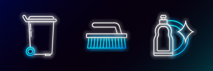 Sticker - Set line Plastic bottles for liquid dishwashing liquid, Trash can and Brush cleaning icon. Glowing neon. Vector