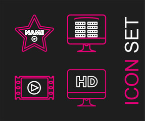 Sticker - Set line Computer PC monitor with HD video technology, Play Video, Buy cinema ticket online and Hollywood walk of fame star celebrity boulevard icon. Vector