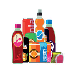 Canvas Print - Soft drinks. liquid snacks with sugar soda drinks. Vector colored hills of steel bottles