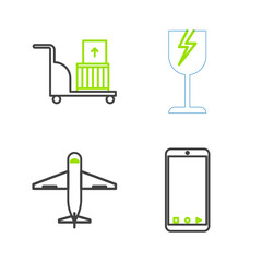 Poster - Set line Mobile phone with app delivery tracking, Plane, Fragile broken glass symbol and Electric hand truck and boxes icon. Vector