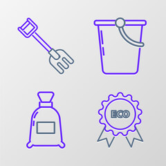 Sticker - Set line Banner, label, tag, logo for eco, Bag of flour, Bucket and Garden rake icon. Vector