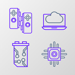 Sticker - Set line Processor, Video graphic card, Cloud technology data transfer and storage and Gamepad icon. Vector