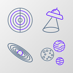 Poster - Set line Planet, UFO flying spaceship and Earth structure icon. Vector