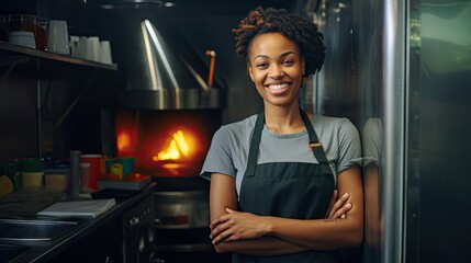 Poster -  a woman standing in a kitchen with her arms crossed and a fire in the oven in the back ground behind her.  generative ai