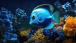  a blue fish swimming in an aquarium filled with blue and yellow flowers and water plants and a blue background with blue and yellow flowers.  generative ai