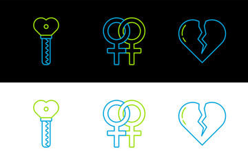 Canvas Print - Set line Broken heart or divorce, Key in shape and Female gender symbol icon. Vector