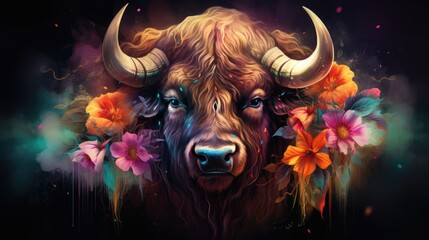 Poster -  a painting of a bull with large horns and flowers around it's neck, with a black background and yellow, pink, red, orange, and pink, and orange flowers around its eyes.  generative ai